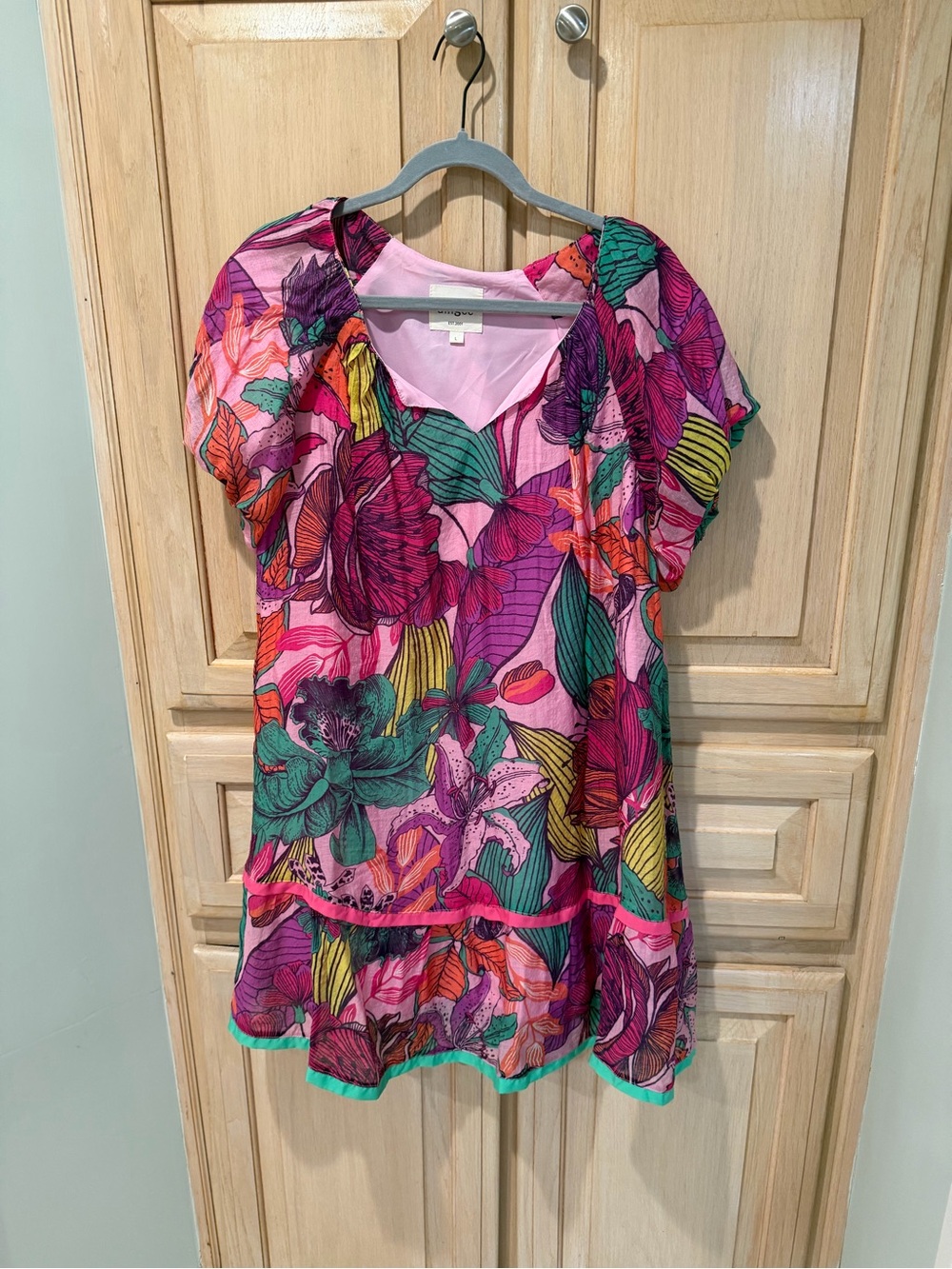 Umgee Pink Floral V-Neck Tunic with Multicolor Leaf Print